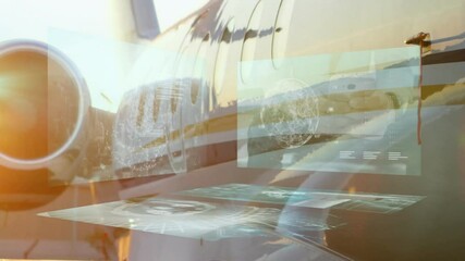 Poster - Futuristic digital interface animation over private jet exterior in sunlight