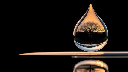 Wall Mural - a teardrop of water reflects a sunset and silhouetted tree.