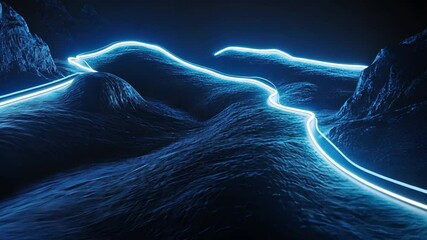 Poster - Navigating the Digital Terrain: Futuristic digital landscape with glowing lines across textured terrain, suggesting a network of interconnected pathways through a simulated environment.