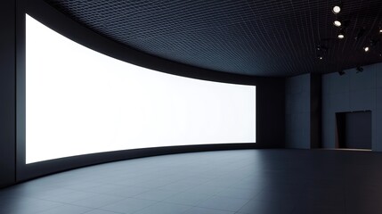 Poster - Blank Curved digital display screen in modern exhibition space with dark ceiling and lighting fixtures. 3D Rendering. 8k Resolution