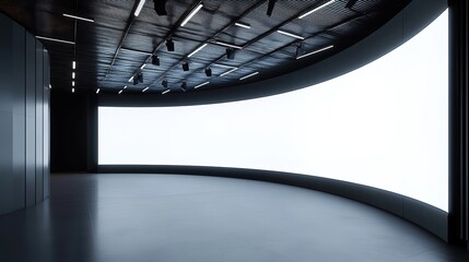 Poster - Blank Curved digital display screen in modern exhibition space with dark ceiling and lighting fixtures. 3D Rendering. 8k Resolution