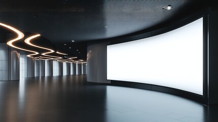 Poster - Blank Curved digital display screen in modern exhibition space with dark ceiling and lighting fixtures. 3D Rendering. 8k Resolution
