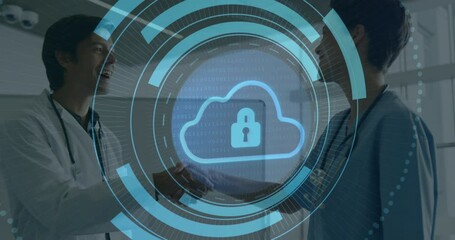 Poster - Cloud security lock animation over two professionals shaking hands in office