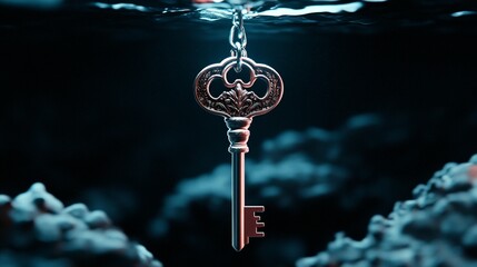 Wall Mural - an antique silver key hangs underwater, illuminated by an ethereal glow, surrounded by hazy blue and