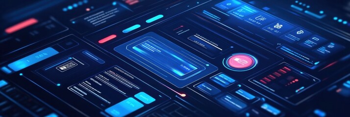Leinwandbilder - Futuristic credit card payment interface for online grocery shopping with sleek blue design and modern flat aesthetics