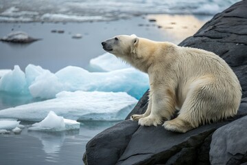 polar bear sitting on an icy rock, arctic wildlife in frozen nature, endangered polar bear in meltin