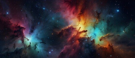 Futuristic cosmic landscape featuring a mesmerizing nebula, star systems, and celestial wonders. AI-generated space scenery with a surreal blend of astronomy, gravity, and black holes,