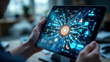 Poster - Person Using Tablet with Futuristic Technology and Data Connections