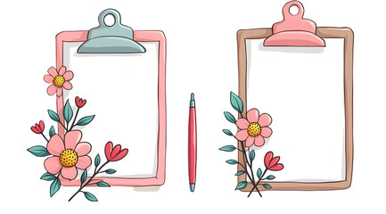 Poster - Two decorative clipboards with floral designs and a pen between them. cut out,isolated, transparent background
