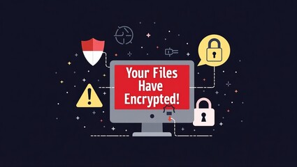 Aufkleber - A digital illustration featuring a computer with a warning about file encryption, symbolizing cybersecurity concerns.