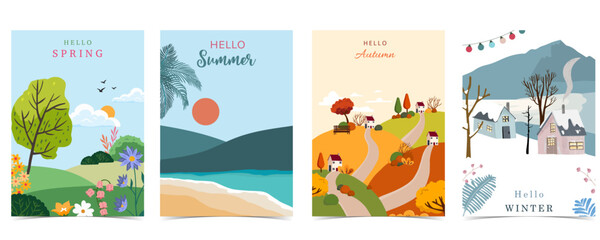 Wall Mural - four season holiday landscape background with mountain and tree for a4 vertical design