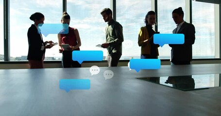 Poster - People using smartphones with chat bubble animations over office background