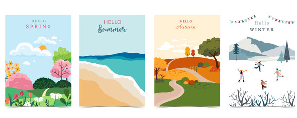 Wall Mural - four season holiday landscape background with mountain and tree for a4 vertical design