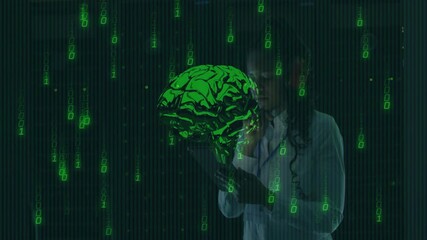Poster - Digital brain and binary code animation over scientist working in laboratory