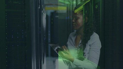 Poster - Woman using tablet in server room with digital data processing animation overlay
