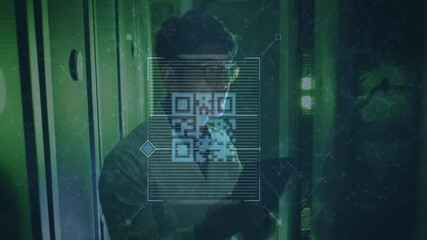 Poster - Analyzing QR code data with animation, scientist working in high-tech laboratory