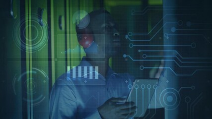 Poster - Man using tablet in server room with digital data processing animation overlay