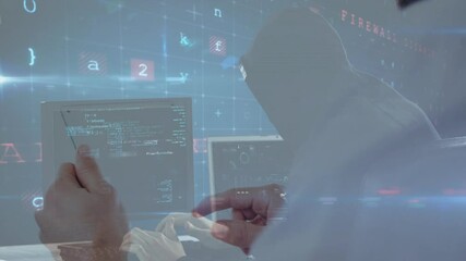 Aufkleber - Hacker in hoodie working on computer with warning text overlay animation