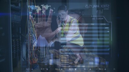 Poster - Technician working on server with stock market data overlay animation