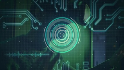Poster - In animation, futuristic digital interface with circuit patterns and circles displayed