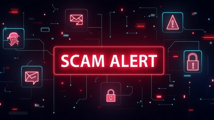 Aufkleber - A vibrant digital illustration featuring a 'SCAM ALERT' message along with various icons representing online security threats.