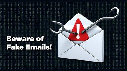 Poster - A graphic depiction of a warning about fake emails, featuring an envelope and a warning sign.