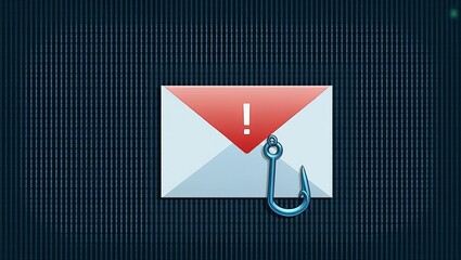 Poster - an illustration depicting a phishing email, featuring an envelope and a fishing hook, symbolizing cy