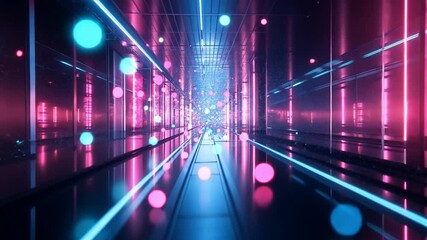 Poster - Neon Tunnel: A captivating tunnel illuminated by vibrant neon lights, with dynamic blue and pink hues, creates an immersive visual experience. 