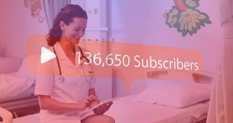 Poster - Nurse using tablet with subscriber count animation over hospital room background