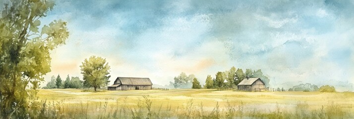Poster - Delicate watercolor painting of a rustic farm with green fields and a soft blue sky capturing nostalgia and tranquility in nature