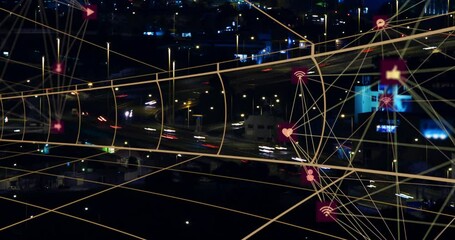 Poster - Network of connections and data processing animation over cityscape at night
