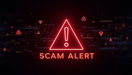 Aufkleber - Bright red scam alert icon with an exclamation mark against a dark, dynamic background.