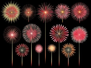 colorful vibrant fireworks bursting and exploding against a black background