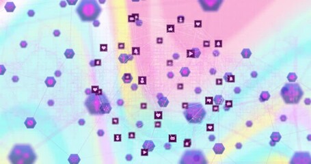 Poster - digital animation of interconnected icons and hexagons on pastel gradient background