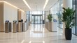 © Victoria - Bright entrance hall features automated security gates, sleek surfaces, and lush green plants enhancing the modern atmosphere of the space