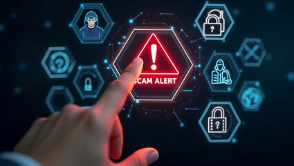 Aufkleber - A close-up of a hand pointing at a red 'SCAM ALERT' icon amidst various security symbols, highlighting cybersecurity awareness.