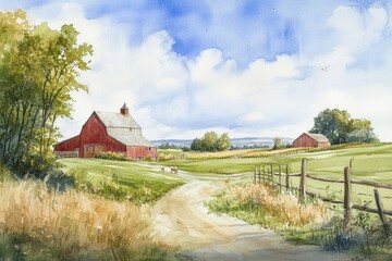 Poster - Delicate watercolor painting of a traditional farm with a rustic barn and green fields under a soft blue sky in a nostalgic landscape