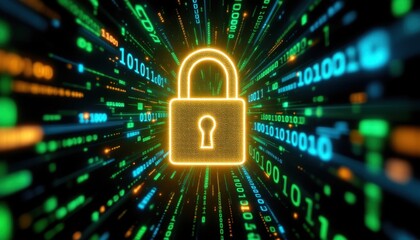 Fototapete - Glowing lock symbol in digital binary code tunnel representing cybersecurity