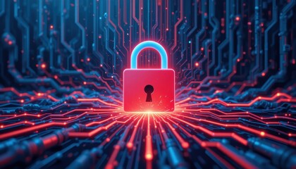 Fototapete - Glowing lock symbolizing cybersecurity on a digital circuit board background
