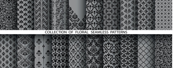 Fototapete - Geometric floral set of seamless patterns. Gray and black vector backgrounds. Damask graphic ornaments