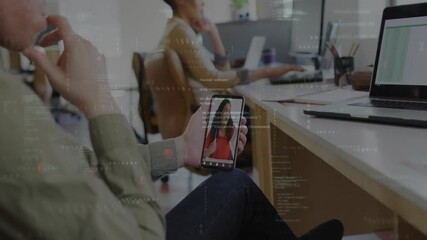 Poster - Holding smartphone, person on video call with digital code in office animation