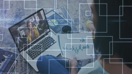 Poster - Person analyzing charts on laptop with digital data overlay animation