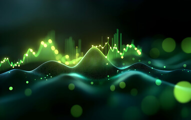 Poster - Abstract digital illustration of glowing green wave patterns and data visualization elements representing technology and innovation.