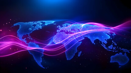 Poster - Abstract world map with glowing lines, representing global connectivity and technology advancement in digital design.