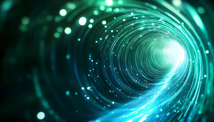 Poster - An abstract representation of a glowing tunnel with swirling patterns and bright points of light, symbolizing travel through time or space.