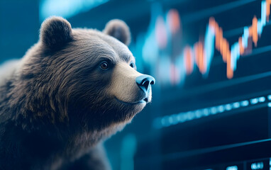 Poster - A bear symbolizing market trends, showcasing stock charts and financial data in a digital environment.