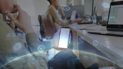 Poster - People working at desks with digital data processing animation over smartphone