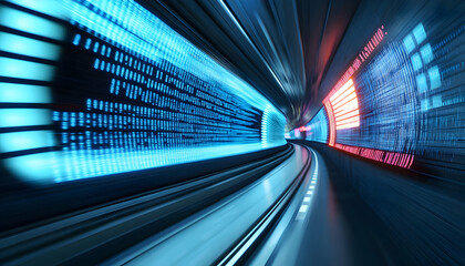 Poster - A dynamic and futuristic representation of a tunnel, illustrating rapid movement and digital energy with vibrant blue and red lights.