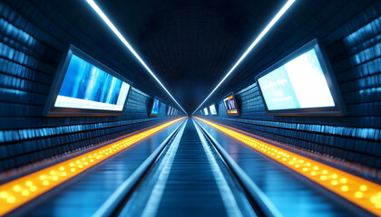 Poster - A dynamic view of a modern subway tunnel illuminated by vibrant lights, showcasing the sleek lines of transportation.