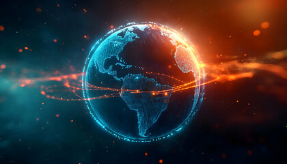 Poster - A futuristic globe with glowing lines illustrating global connectivity and technology advancements. A dynamic representation of our world.
